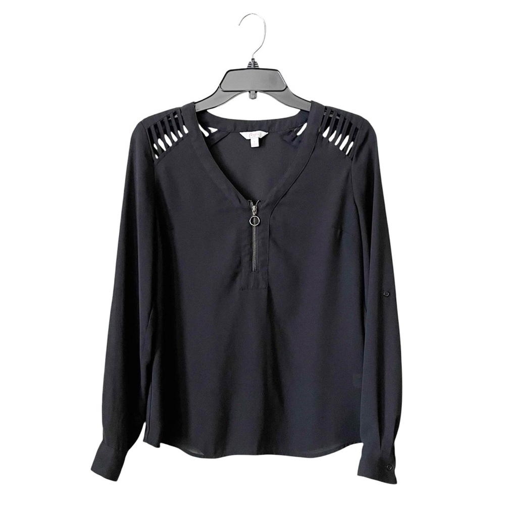 Candies Zip Top Women's Size S Black Shoulder Cutouts Long Sleeve Chiffon Career